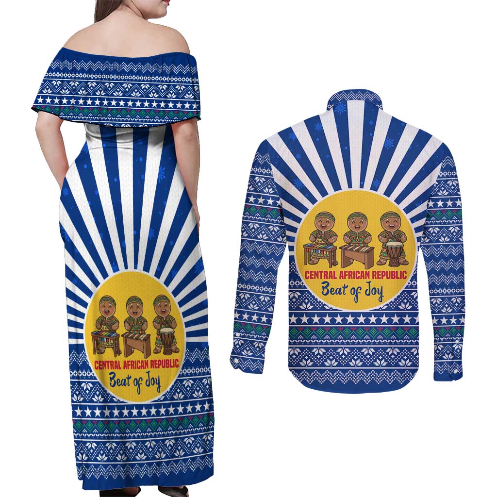 Central African Republic Christmas Couples Matching Off Shoulder Maxi Dress and Long Sleeve Button Shirt with Drumming Kids Beat of Joy Tribal Pattern and Snowflakes - Wonder Print Shop