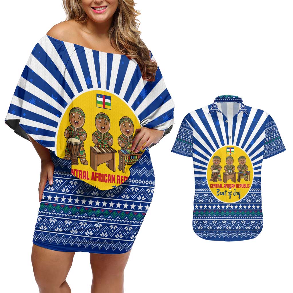 Central African Republic Christmas Couples Matching Off Shoulder Short Dress and Hawaiian Shirt with Drumming Kids Beat of Joy Tribal Pattern and Snowflakes - Wonder Print Shop