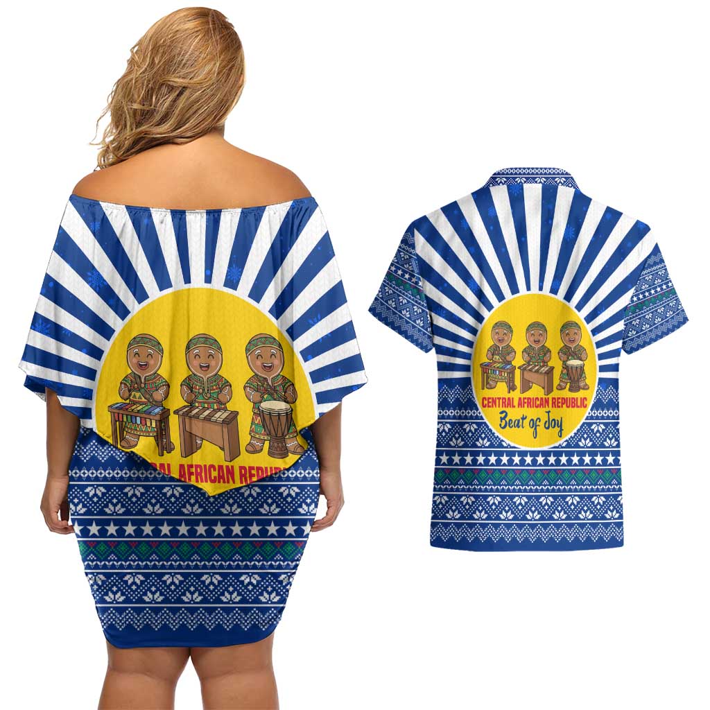 Central African Republic Christmas Couples Matching Off Shoulder Short Dress and Hawaiian Shirt with Drumming Kids Beat of Joy Tribal Pattern and Snowflakes - Wonder Print Shop