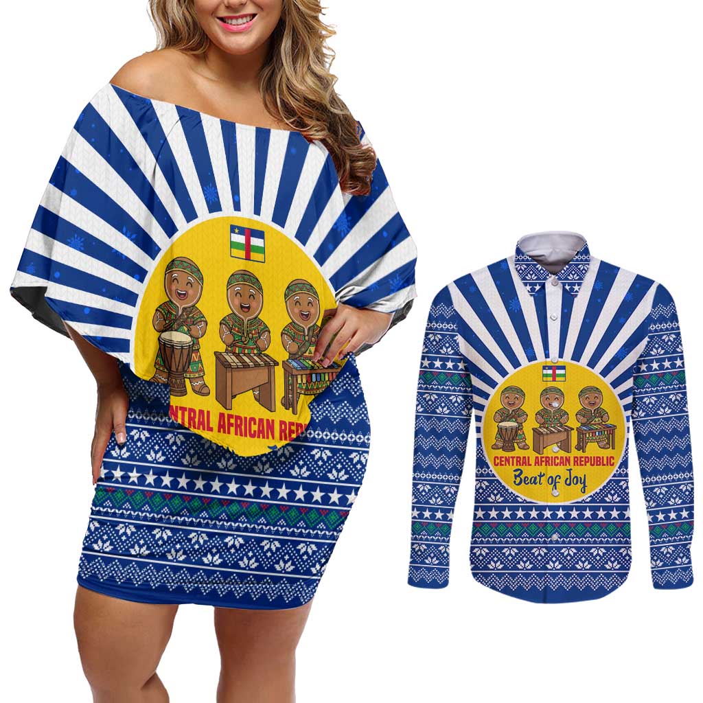 Central African Republic Christmas Couples Matching Off Shoulder Short Dress and Long Sleeve Button Shirt with Drumming Kids Beat of Joy Tribal Pattern and Snowflakes - Wonder Print Shop