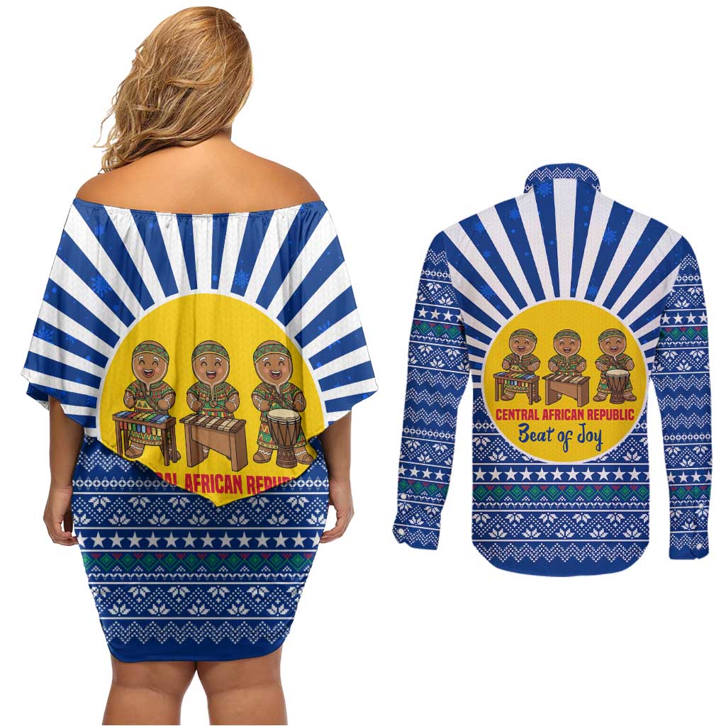 Central African Republic Christmas Couples Matching Off Shoulder Short Dress and Long Sleeve Button Shirt with Drumming Kids Beat of Joy Tribal Pattern and Snowflakes - Wonder Print Shop