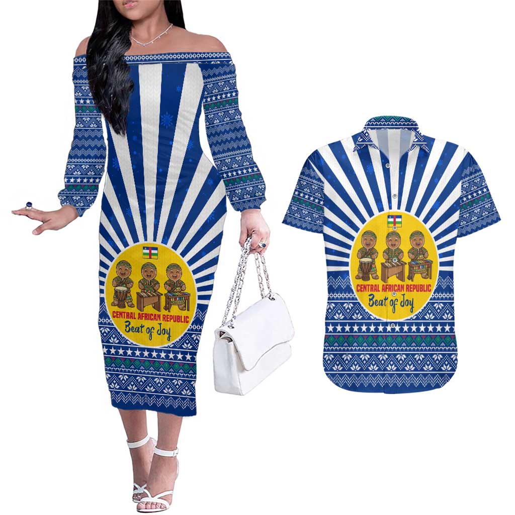 Central African Republic Christmas Couples Matching Off The Shoulder Long Sleeve Dress and Hawaiian Shirt with Drumming Kids Beat of Joy Tribal Pattern and Snowflakes - Wonder Print Shop
