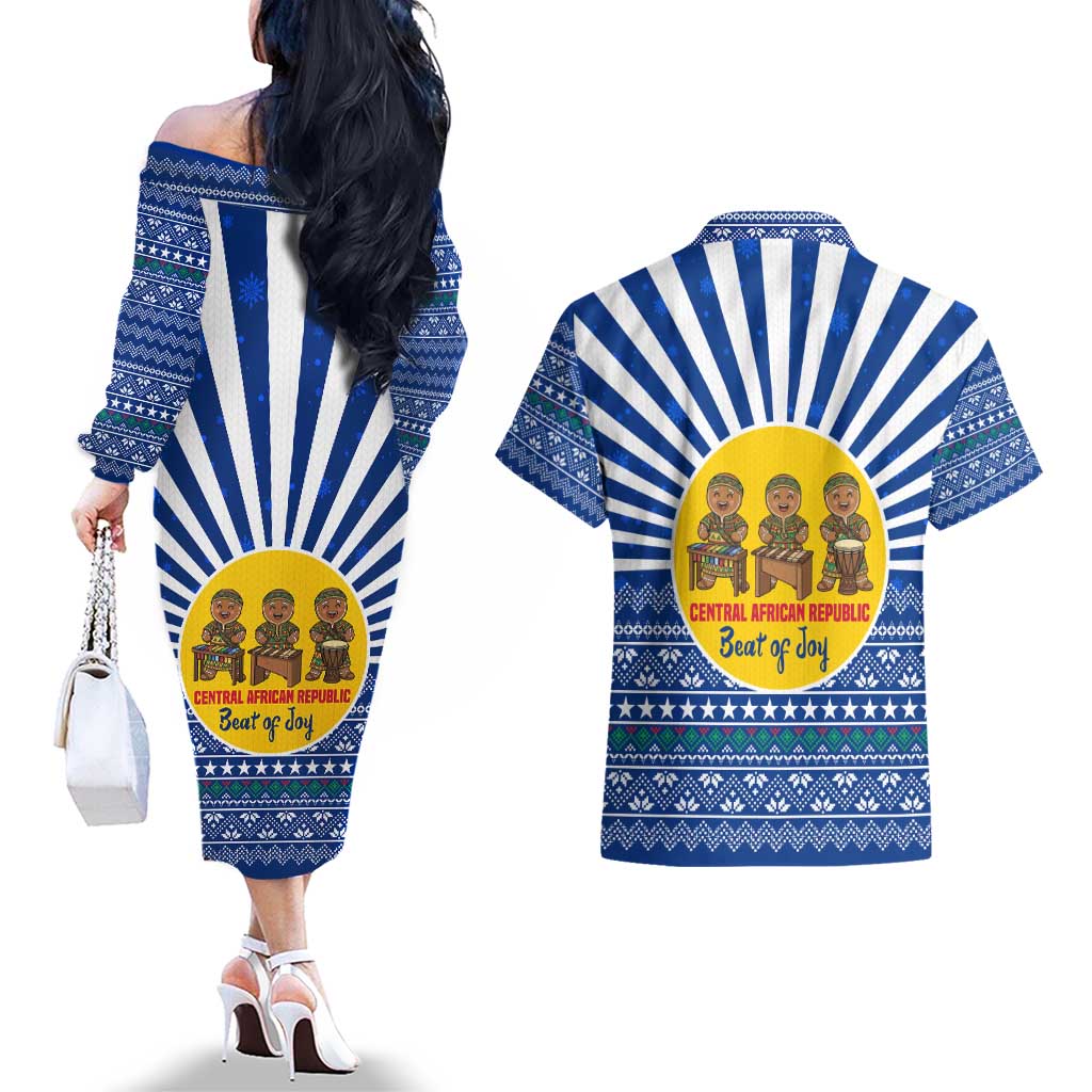 Central African Republic Christmas Couples Matching Off The Shoulder Long Sleeve Dress and Hawaiian Shirt with Drumming Kids Beat of Joy Tribal Pattern and Snowflakes - Wonder Print Shop