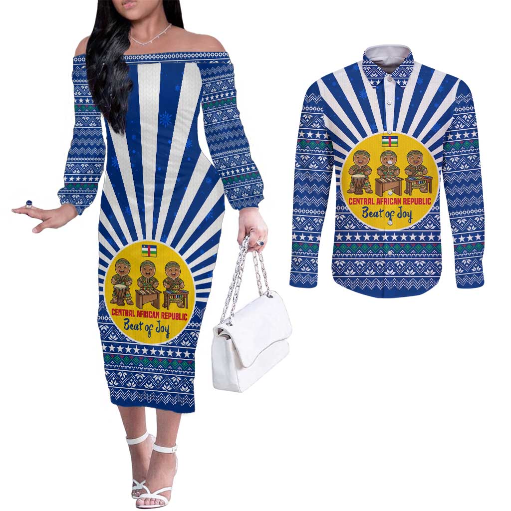 Central African Republic Christmas Couples Matching Off The Shoulder Long Sleeve Dress and Long Sleeve Button Shirt with Drumming Kids Beat of Joy Tribal Pattern and Snowflakes - Wonder Print Shop