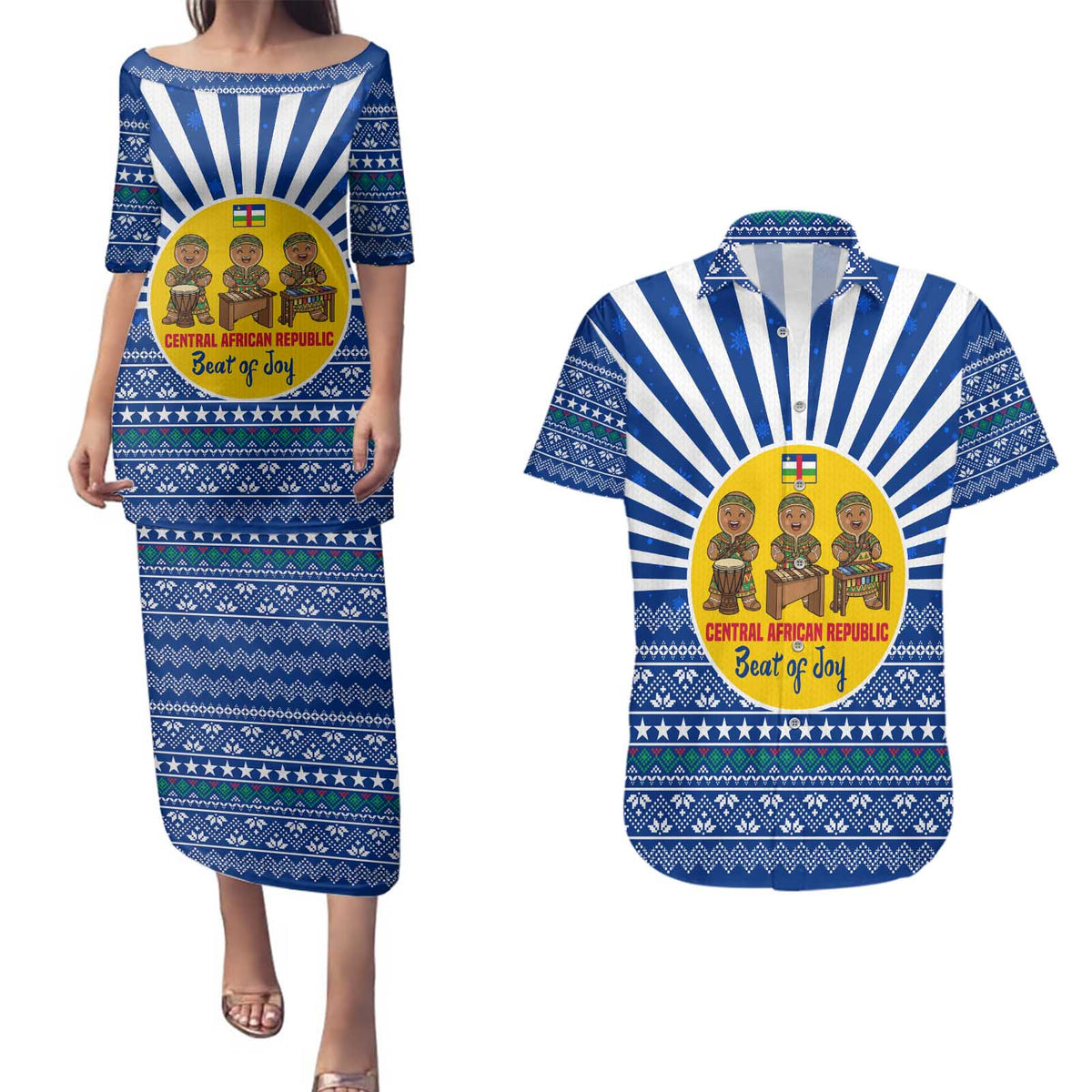 Central African Republic Christmas Couples Matching Puletasi and Hawaiian Shirt with Drumming Kids Beat of Joy Tribal Pattern and Snowflakes - Wonder Print Shop
