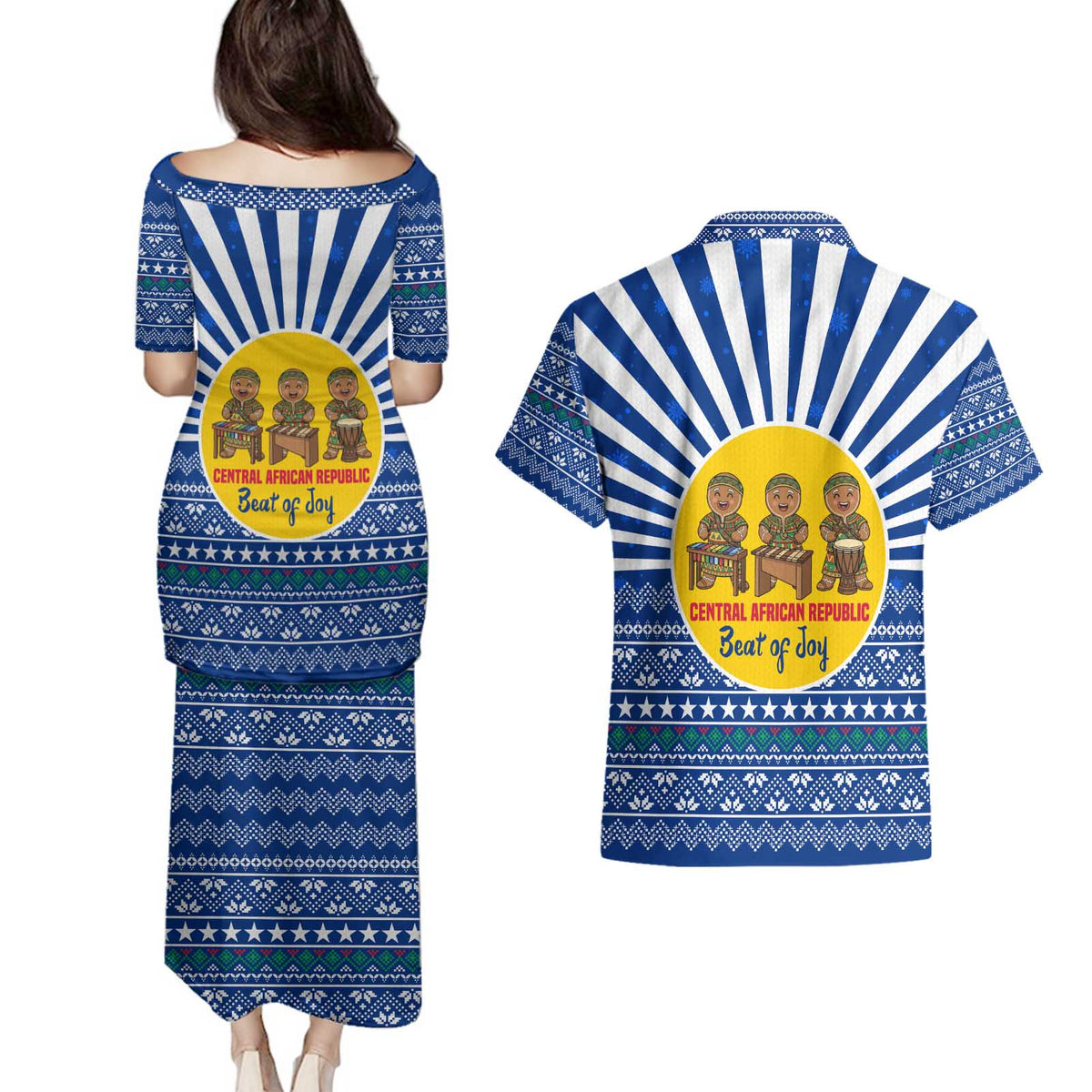 Central African Republic Christmas Couples Matching Puletasi and Hawaiian Shirt with Drumming Kids Beat of Joy Tribal Pattern and Snowflakes - Wonder Print Shop