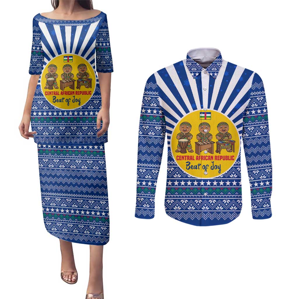 Central African Republic Christmas Couples Matching Puletasi and Long Sleeve Button Shirt with Drumming Kids Beat of Joy Tribal Pattern and Snowflakes - Wonder Print Shop