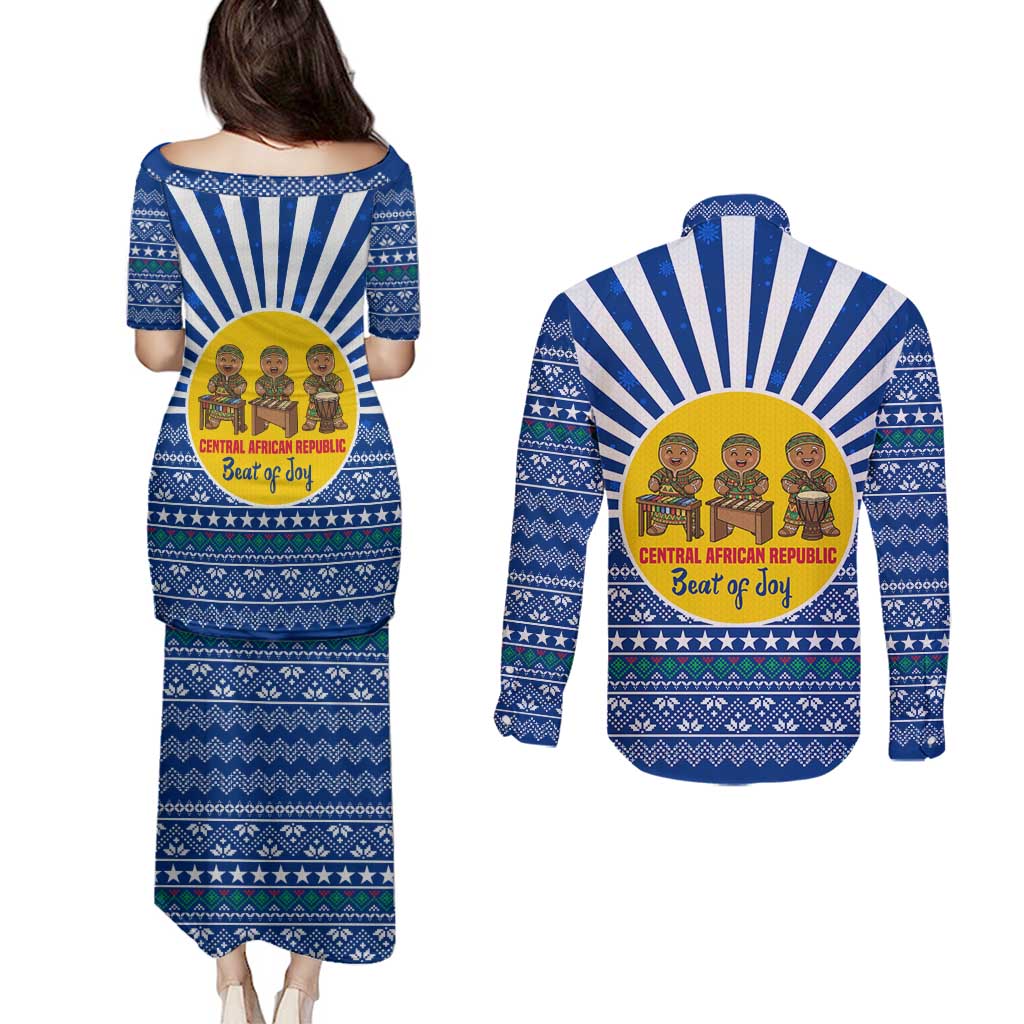 Central African Republic Christmas Couples Matching Puletasi and Long Sleeve Button Shirt with Drumming Kids Beat of Joy Tribal Pattern and Snowflakes - Wonder Print Shop