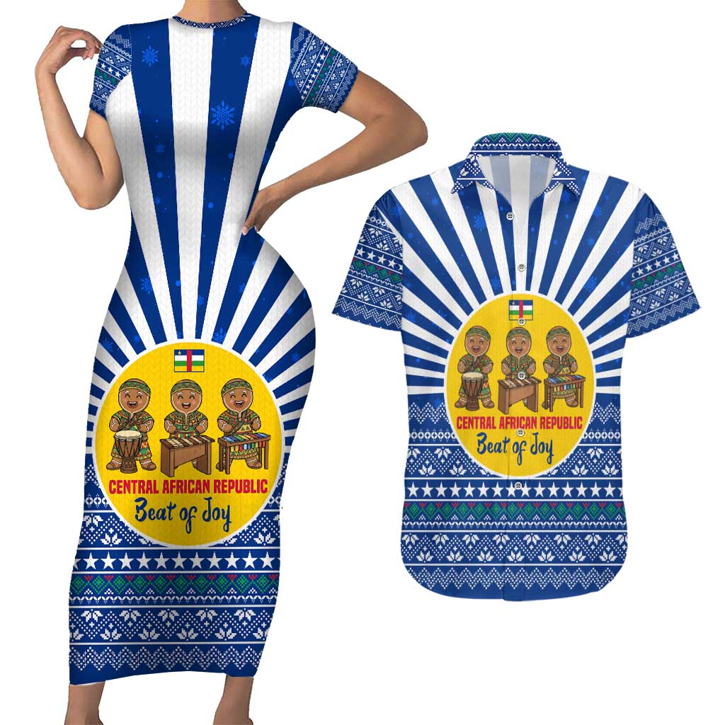 Central African Republic Christmas Couples Matching Short Sleeve Bodycon Dress and Hawaiian Shirt with Drumming Kids Beat of Joy Tribal Pattern and Snowflakes - Wonder Print Shop