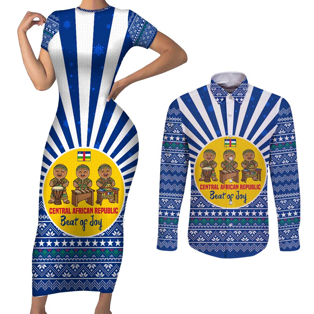 Central African Republic Christmas Couples Matching Short Sleeve Bodycon Dress and Long Sleeve Button Shirt with Drumming Kids Beat of Joy Tribal Pattern and Snowflakes - Wonder Print Shop
