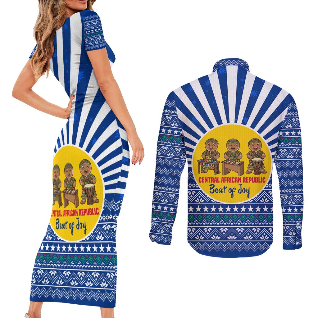 Central African Republic Christmas Couples Matching Short Sleeve Bodycon Dress and Long Sleeve Button Shirt with Drumming Kids Beat of Joy Tribal Pattern and Snowflakes - Wonder Print Shop