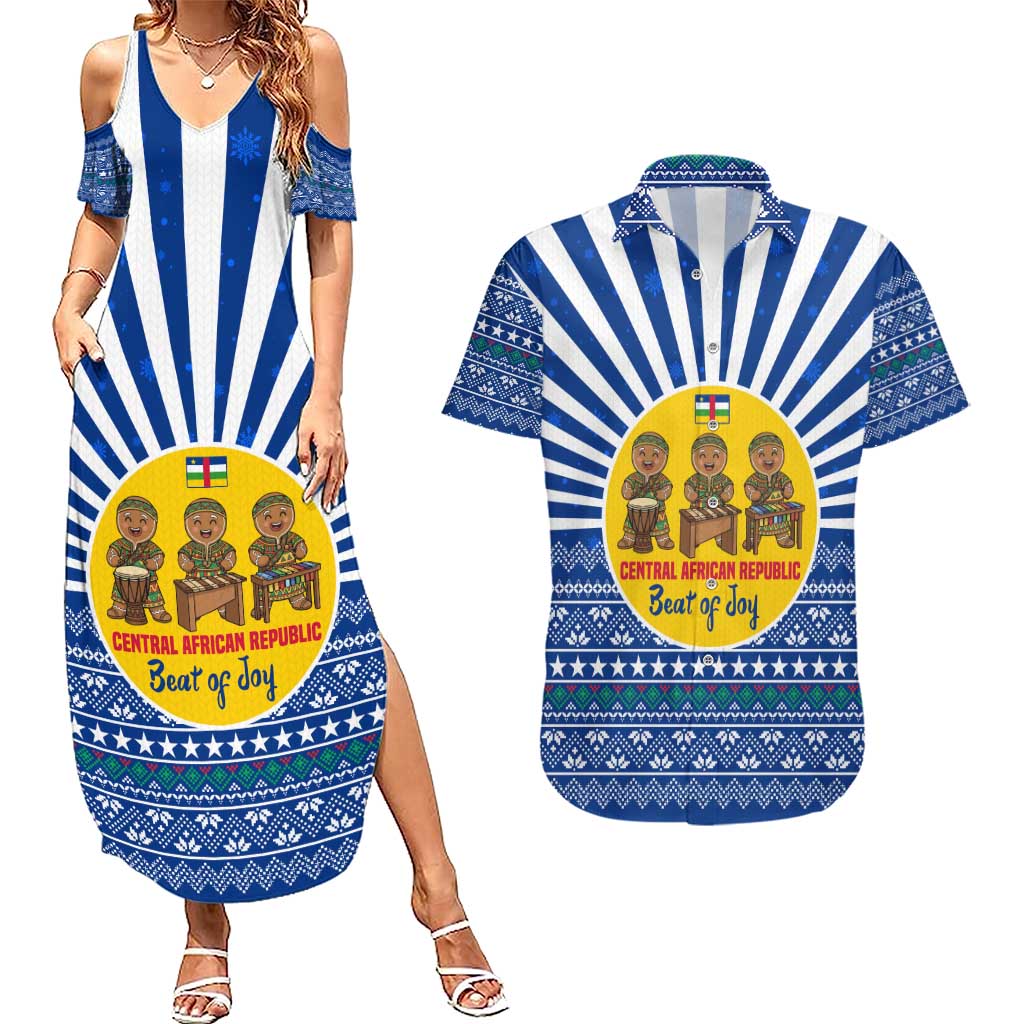 Central African Republic Christmas Couples Matching Summer Maxi Dress and Hawaiian Shirt with Drumming Kids Beat of Joy Tribal Pattern and Snowflakes - Wonder Print Shop