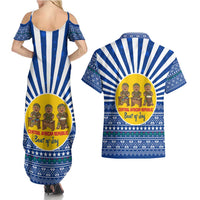 Central African Republic Christmas Couples Matching Summer Maxi Dress and Hawaiian Shirt with Drumming Kids Beat of Joy Tribal Pattern and Snowflakes - Wonder Print Shop
