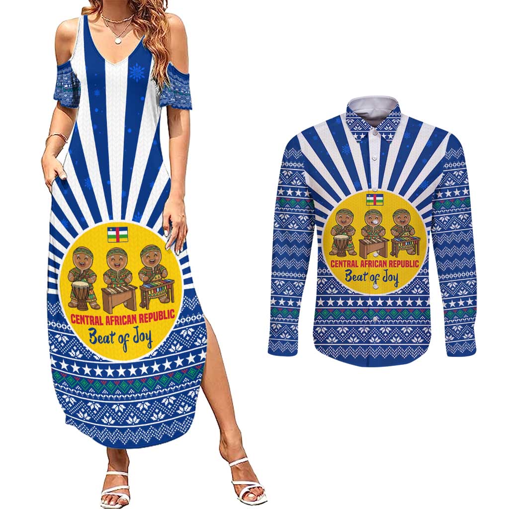 Central African Republic Christmas Couples Matching Summer Maxi Dress and Long Sleeve Button Shirt with Drumming Kids Beat of Joy Tribal Pattern and Snowflakes - Wonder Print Shop