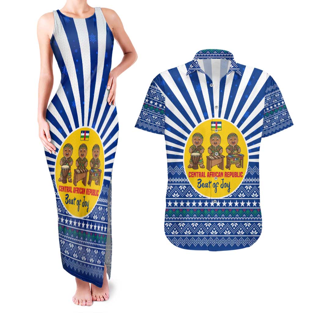 Central African Republic Christmas Couples Matching Tank Maxi Dress and Hawaiian Shirt with Drumming Kids Beat of Joy Tribal Pattern and Snowflakes - Wonder Print Shop