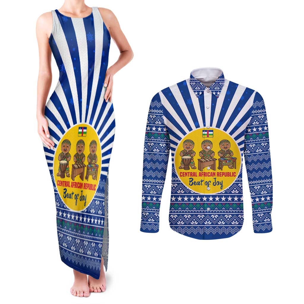 Central African Republic Christmas Couples Matching Tank Maxi Dress and Long Sleeve Button Shirt with Drumming Kids Beat of Joy Tribal Pattern and Snowflakes - Wonder Print Shop