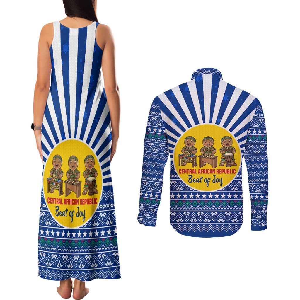 Central African Republic Christmas Couples Matching Tank Maxi Dress and Long Sleeve Button Shirt with Drumming Kids Beat of Joy Tribal Pattern and Snowflakes - Wonder Print Shop