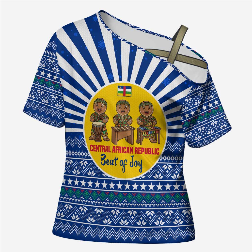 Central African Republic Christmas Cross Shoulder Shirt with Drumming Kids Beat of Joy Tribal Pattern and Snowflakes - Wonder Print Shop
