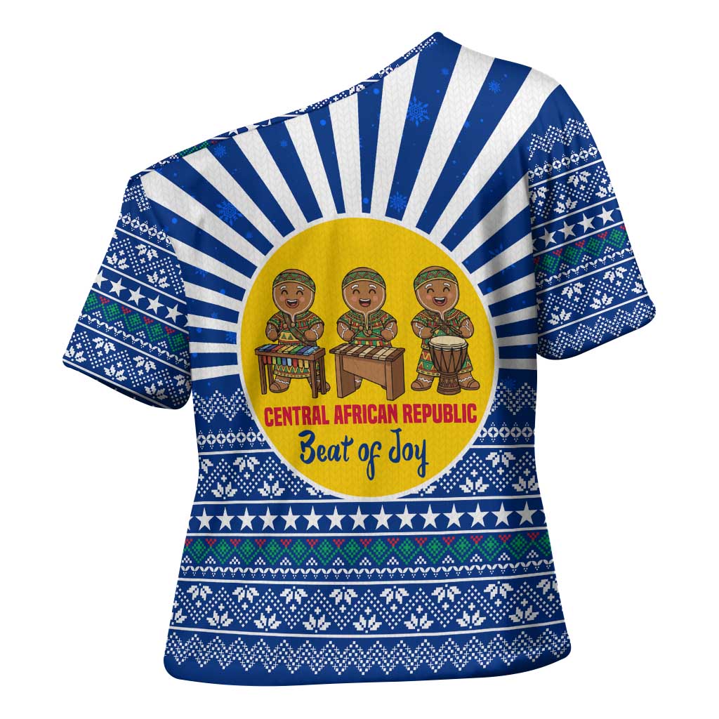 Central African Republic Christmas Cross Shoulder Shirt with Drumming Kids Beat of Joy Tribal Pattern and Snowflakes - Wonder Print Shop