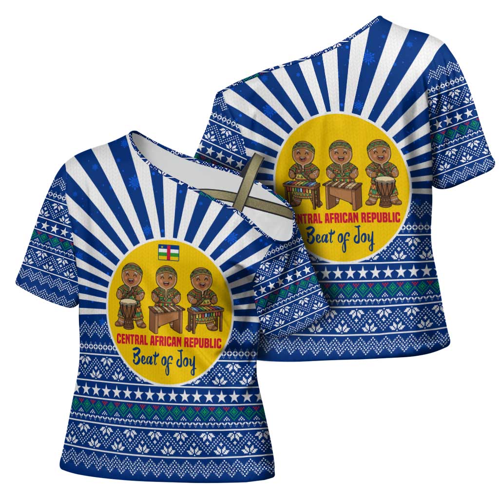 Central African Republic Christmas Cross Shoulder Shirt with Drumming Kids Beat of Joy Tribal Pattern and Snowflakes - Wonder Print Shop