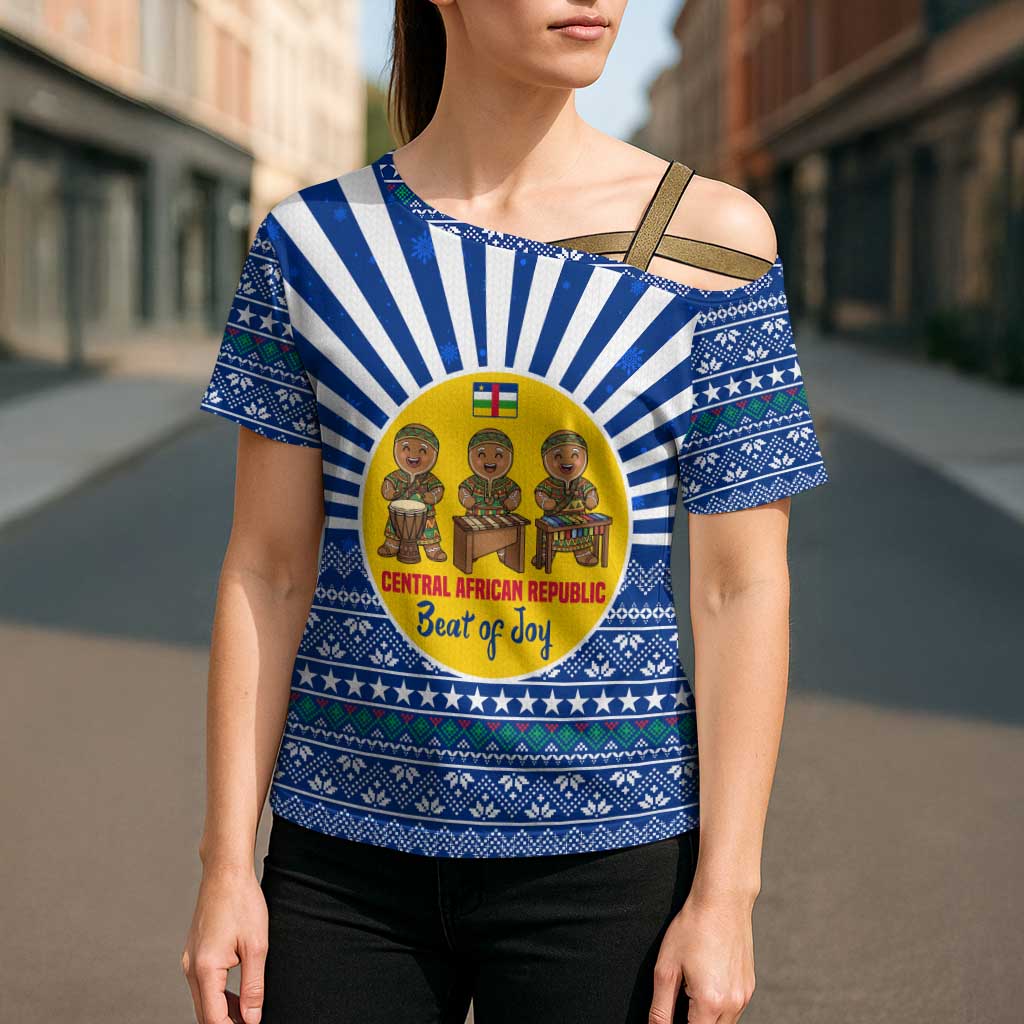 Central African Republic Christmas Cross Shoulder Shirt with Drumming Kids Beat of Joy Tribal Pattern and Snowflakes - Wonder Print Shop