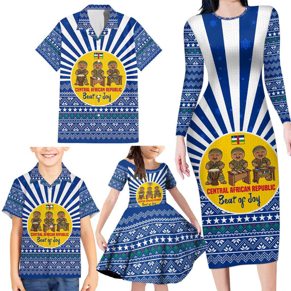 Central African Republic Christmas Family Matching Long Sleeve Bodycon Dress and Hawaiian Shirt with Drumming Kids Beat of Joy Tribal Pattern and Snowflakes - Wonder Print Shop