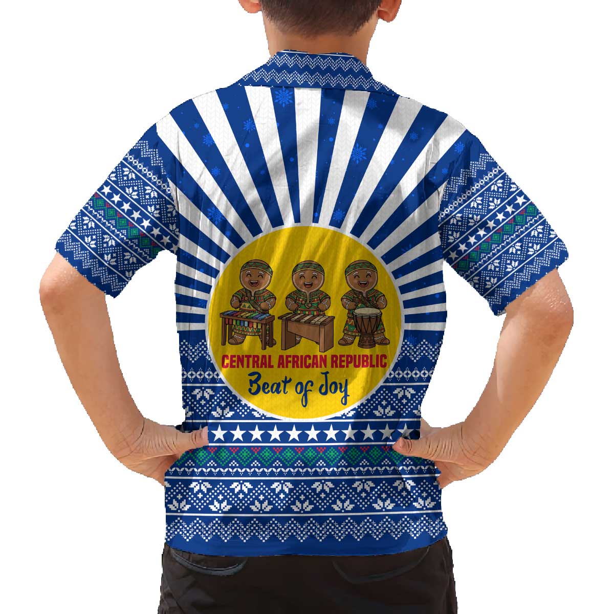 Central African Republic Christmas Family Matching Off The Shoulder Long Sleeve Dress and Hawaiian Shirt with Drumming Kids Beat of Joy Tribal Pattern and Snowflakes - Wonder Print Shop