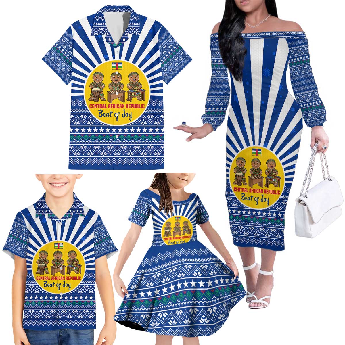 Central African Republic Christmas Family Matching Off The Shoulder Long Sleeve Dress and Hawaiian Shirt with Drumming Kids Beat of Joy Tribal Pattern and Snowflakes - Wonder Print Shop