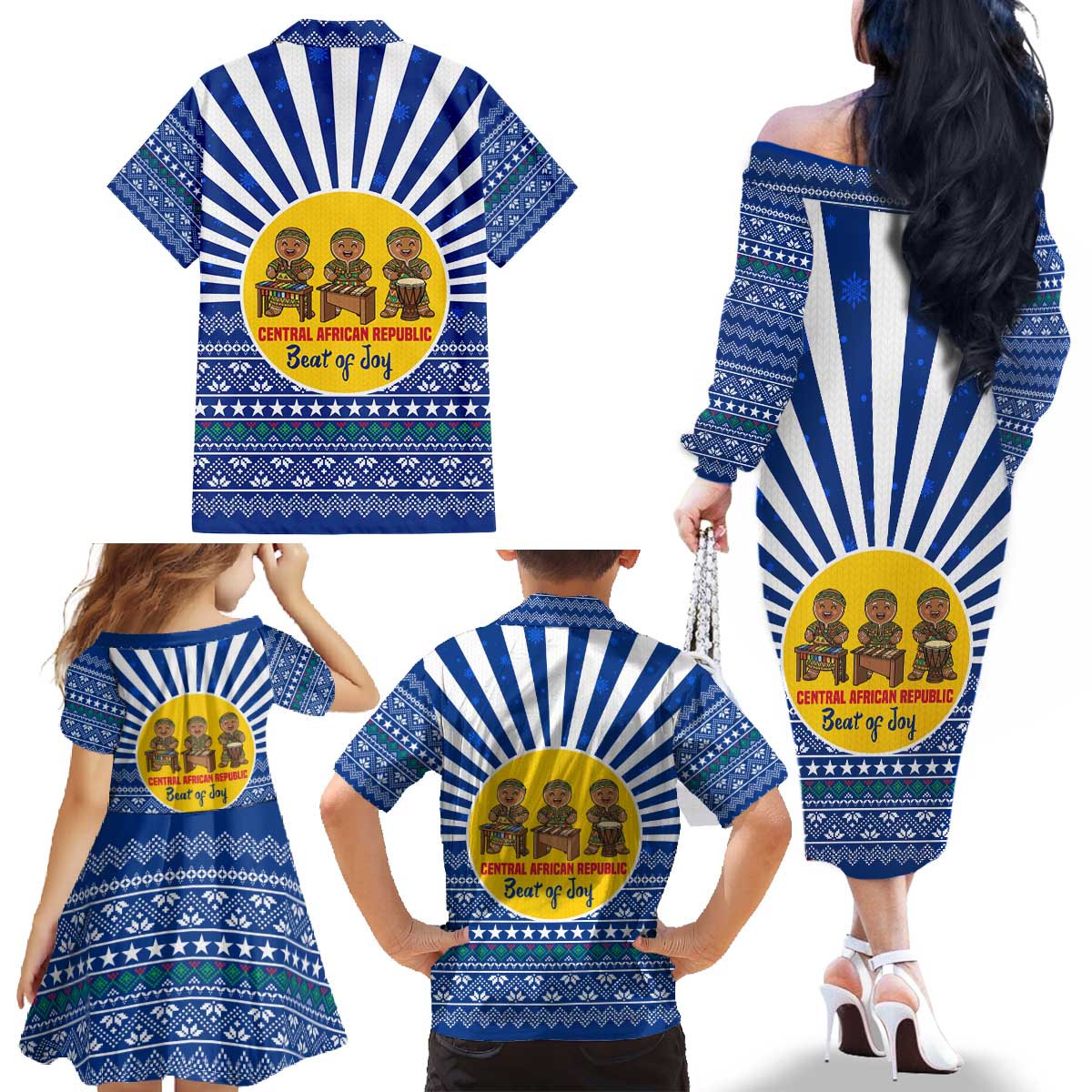 Central African Republic Christmas Family Matching Off The Shoulder Long Sleeve Dress and Hawaiian Shirt with Drumming Kids Beat of Joy Tribal Pattern and Snowflakes - Wonder Print Shop