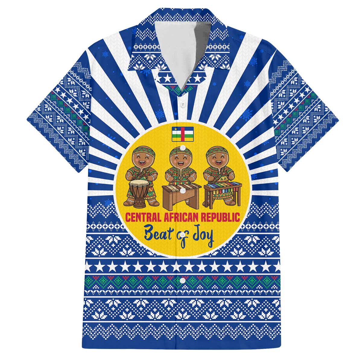 Central African Republic Christmas Family Matching Off The Shoulder Long Sleeve Dress and Hawaiian Shirt with Drumming Kids Beat of Joy Tribal Pattern and Snowflakes - Wonder Print Shop
