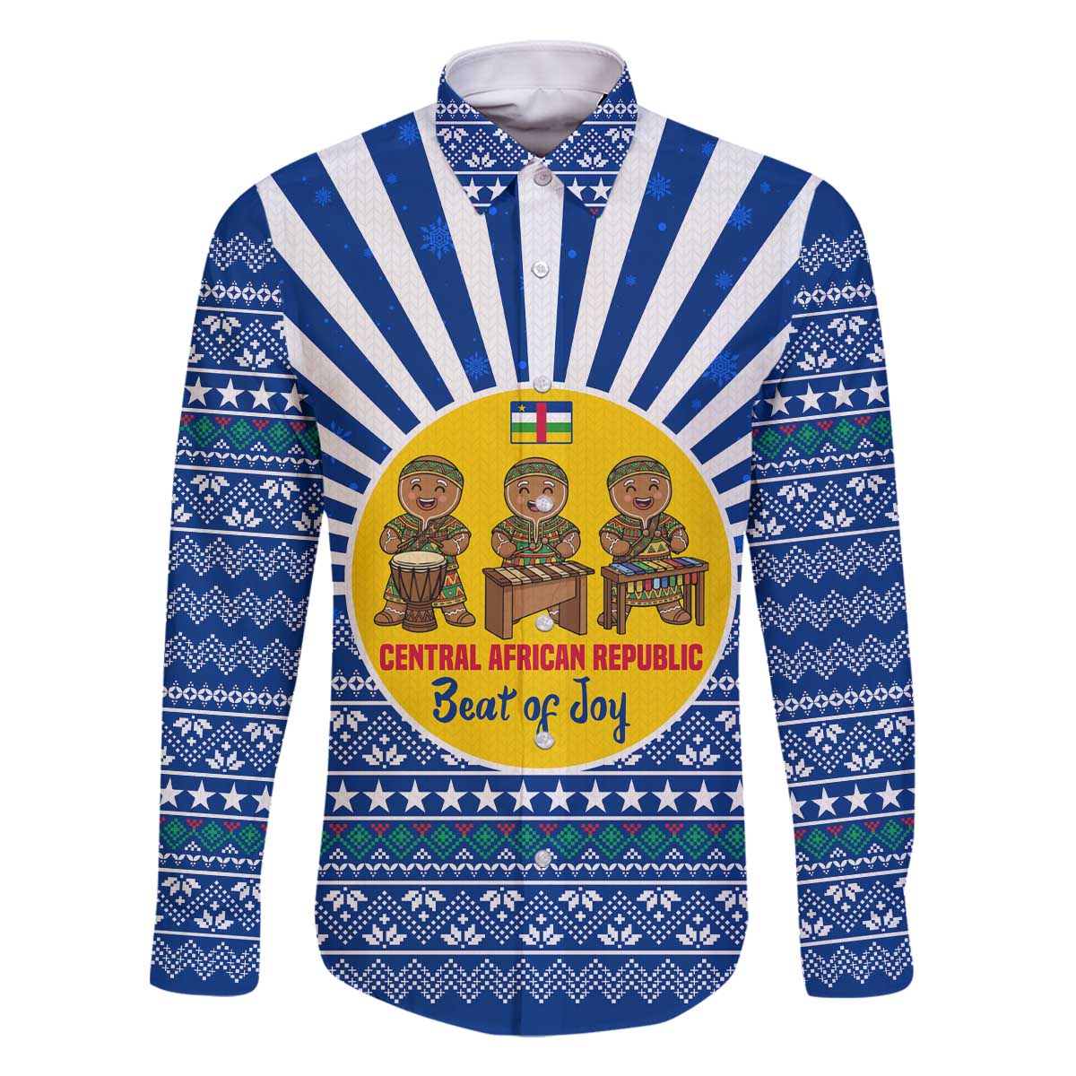 Central African Republic Christmas Family Matching Off The Shoulder Long Sleeve Dress and Hawaiian Shirt with Drumming Kids Beat of Joy Tribal Pattern and Snowflakes - Wonder Print Shop