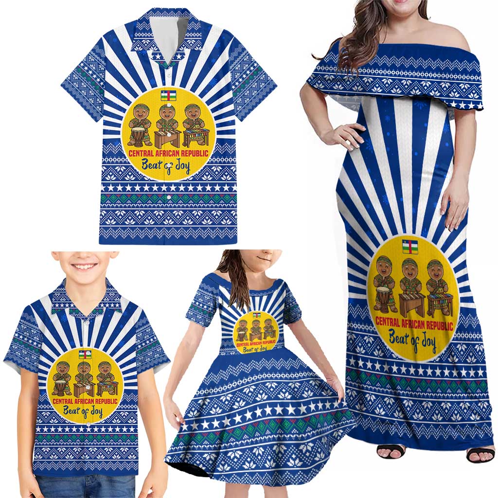 Central African Republic Christmas Family Matching Off Shoulder Maxi Dress and Hawaiian Shirt with Drumming Kids Beat of Joy Tribal Pattern and Snowflakes - Wonder Print Shop
