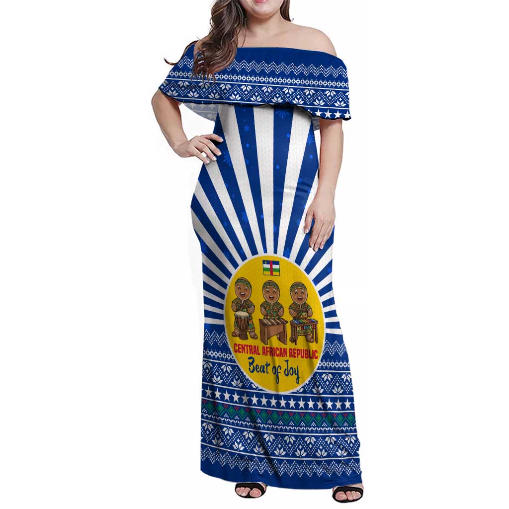 Central African Republic Christmas Family Matching Off Shoulder Maxi Dress and Hawaiian Shirt with Drumming Kids Beat of Joy Tribal Pattern and Snowflakes - Wonder Print Shop
