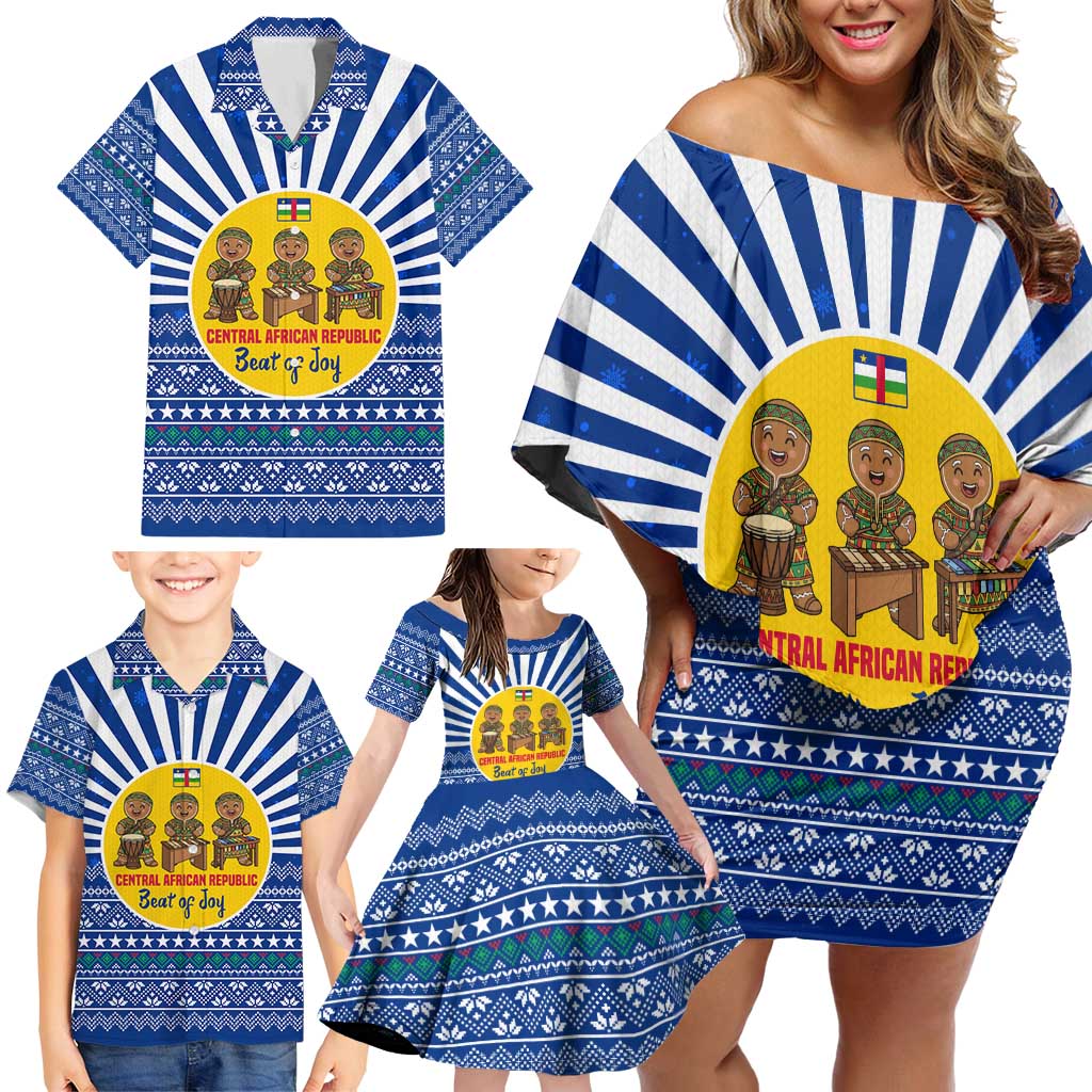 Central African Republic Christmas Family Matching Off Shoulder Short Dress and Hawaiian Shirt with Drumming Kids Beat of Joy Tribal Pattern and Snowflakes - Wonder Print Shop