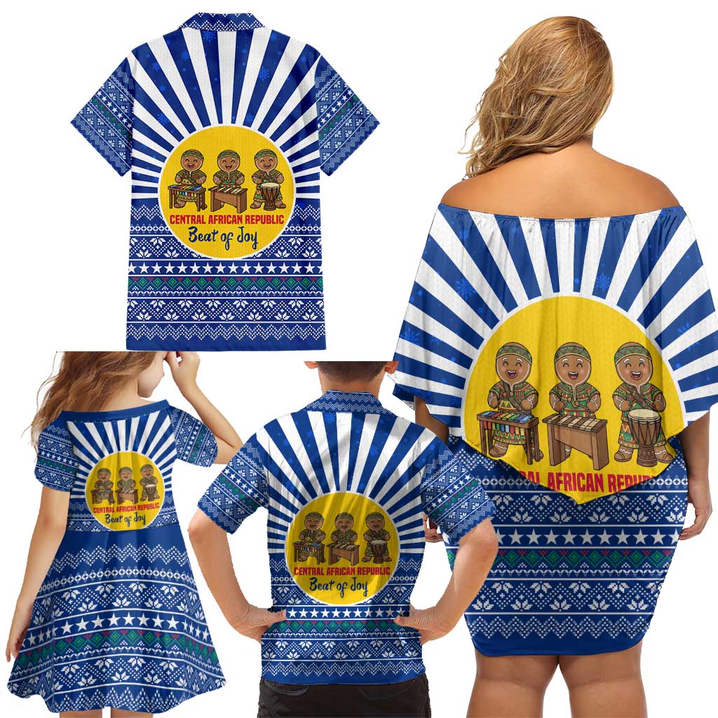 Central African Republic Christmas Family Matching Off Shoulder Short Dress and Hawaiian Shirt with Drumming Kids Beat of Joy Tribal Pattern and Snowflakes - Wonder Print Shop
