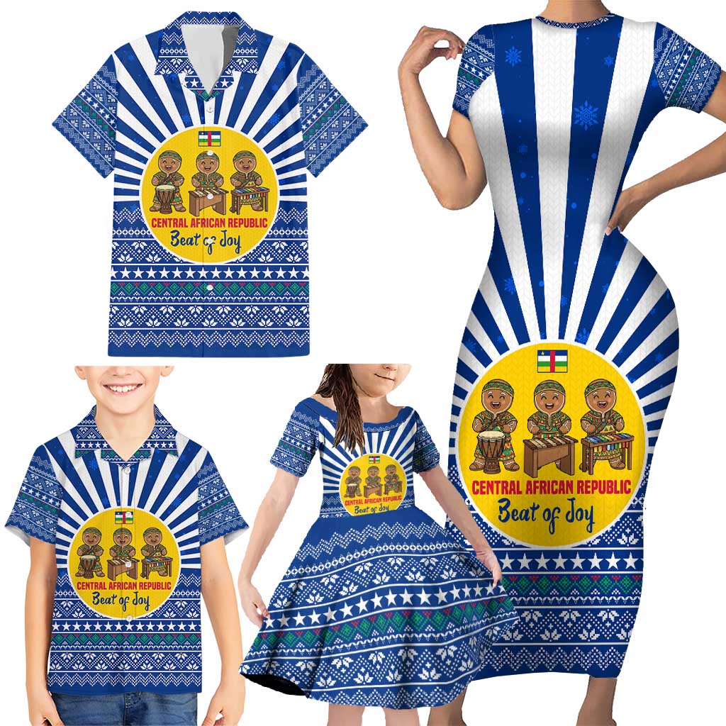 Central African Republic Christmas Family Matching Short Sleeve Bodycon Dress and Hawaiian Shirt with Drumming Kids Beat of Joy Tribal Pattern and Snowflakes - Wonder Print Shop