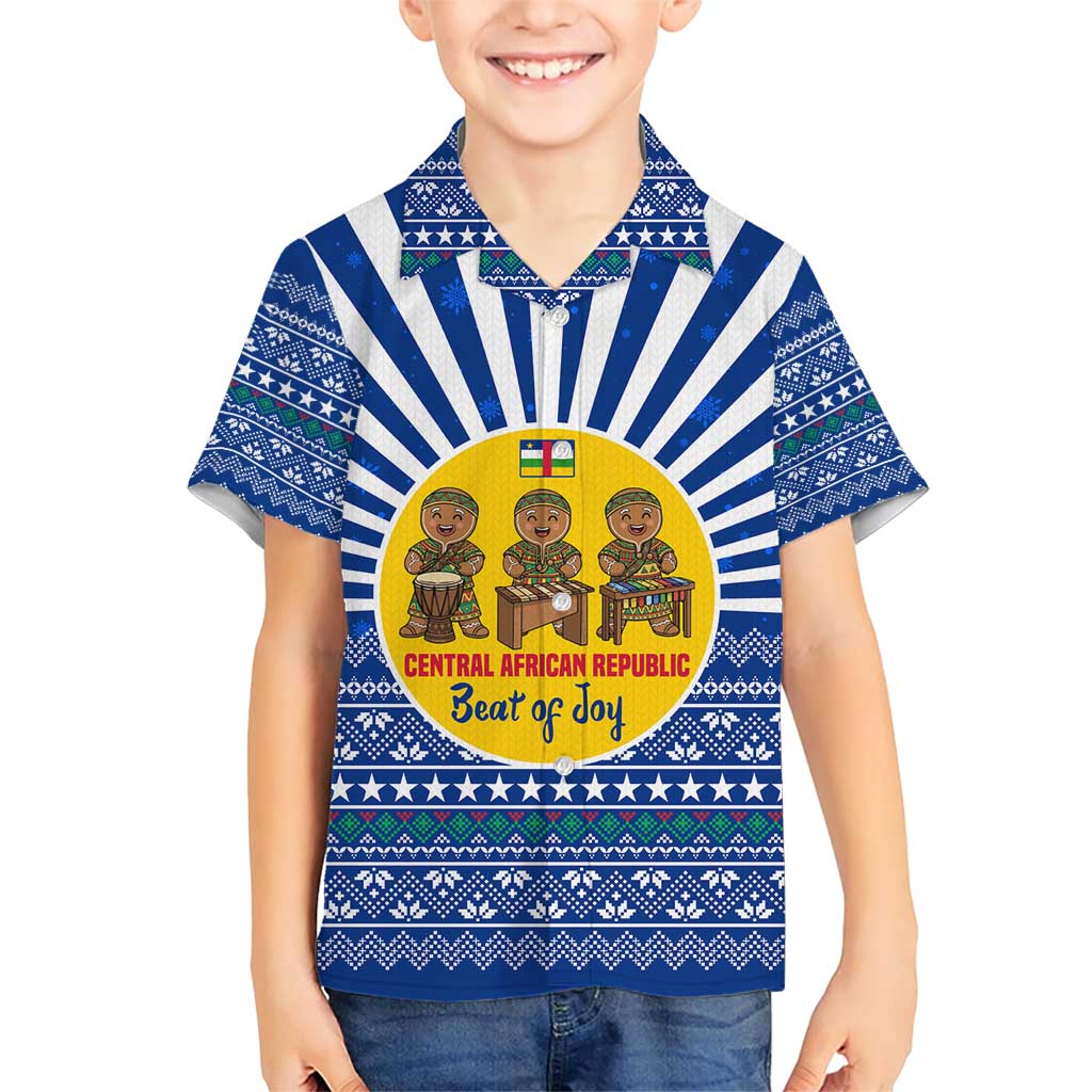 Central African Republic Christmas Family Matching Short Sleeve Bodycon Dress and Hawaiian Shirt with Drumming Kids Beat of Joy Tribal Pattern and Snowflakes - Wonder Print Shop