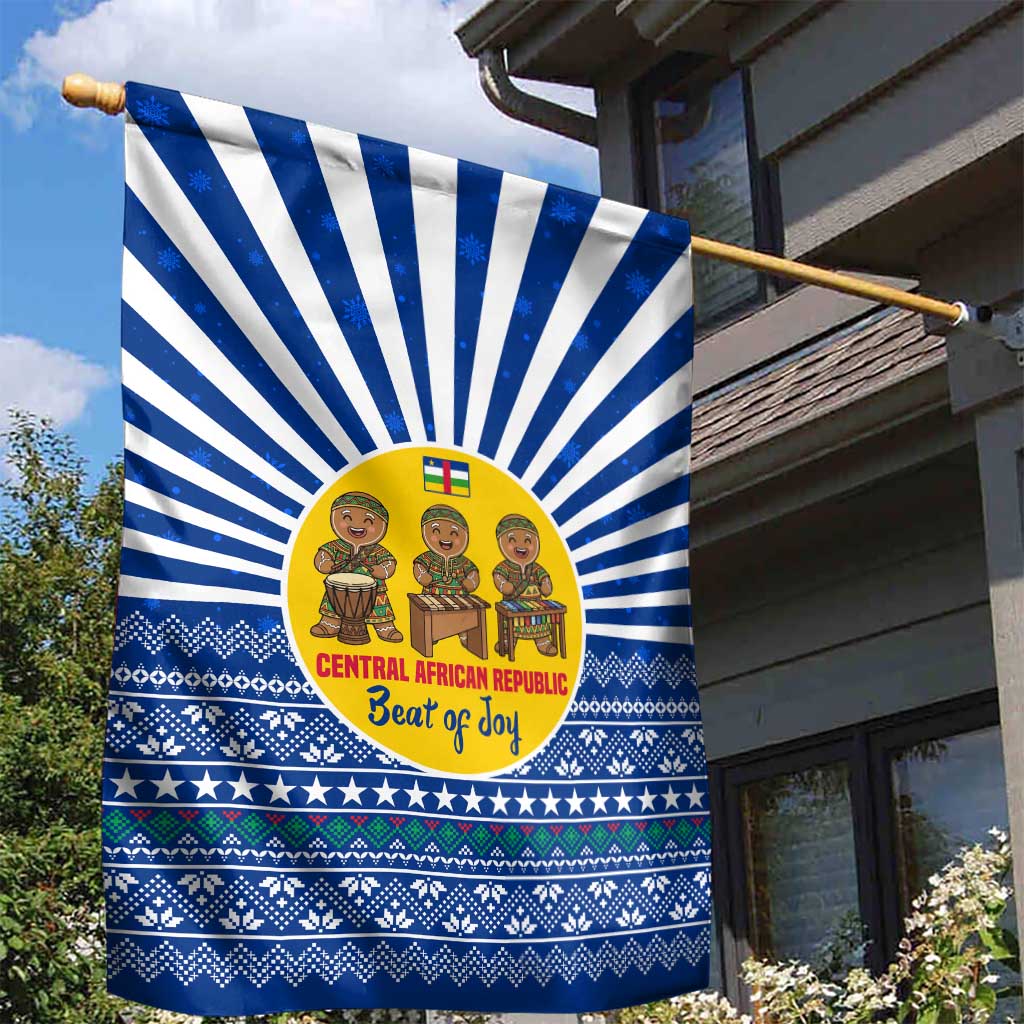 Central African Republic Christmas Garden Flag with Drumming Kids Beat of Joy Tribal Pattern and Snowflakes - Wonder Print Shop