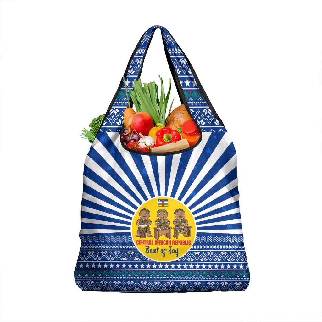 Central African Republic Christmas Grocery Bag with Drumming Kids Beat of Joy Tribal Pattern and Snowflakes - Wonder Print Shop