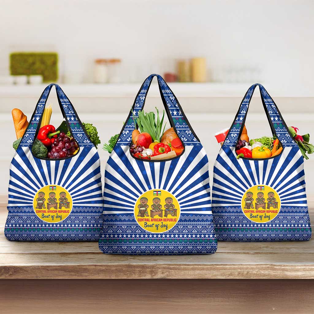 Central African Republic Christmas Grocery Bag with Drumming Kids Beat of Joy Tribal Pattern and Snowflakes - Wonder Print Shop