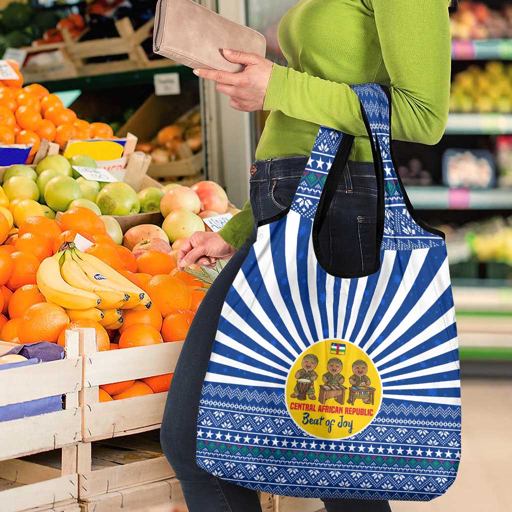 Central African Republic Christmas Grocery Bag with Drumming Kids Beat of Joy Tribal Pattern and Snowflakes - Wonder Print Shop