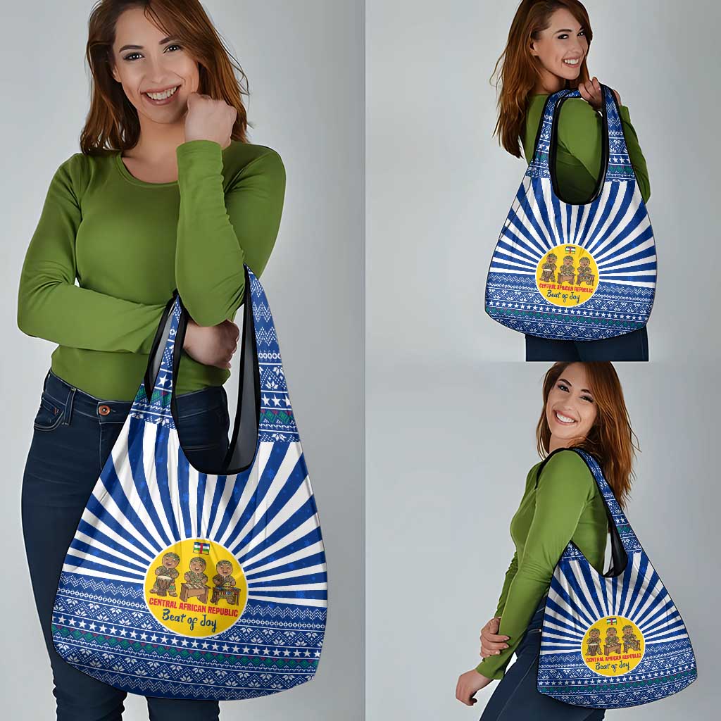 Central African Republic Christmas Grocery Bag with Drumming Kids Beat of Joy Tribal Pattern and Snowflakes - Wonder Print Shop