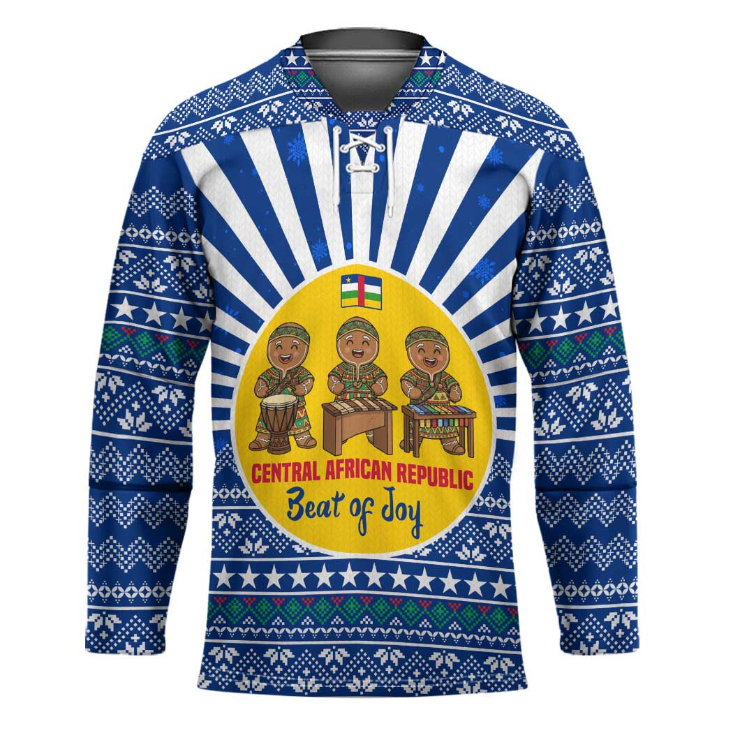 Central African Republic Christmas Hockey Jersey with Drumming Kids Beat of Joy Tribal Pattern and Snowflakes - Wonder Print Shop
