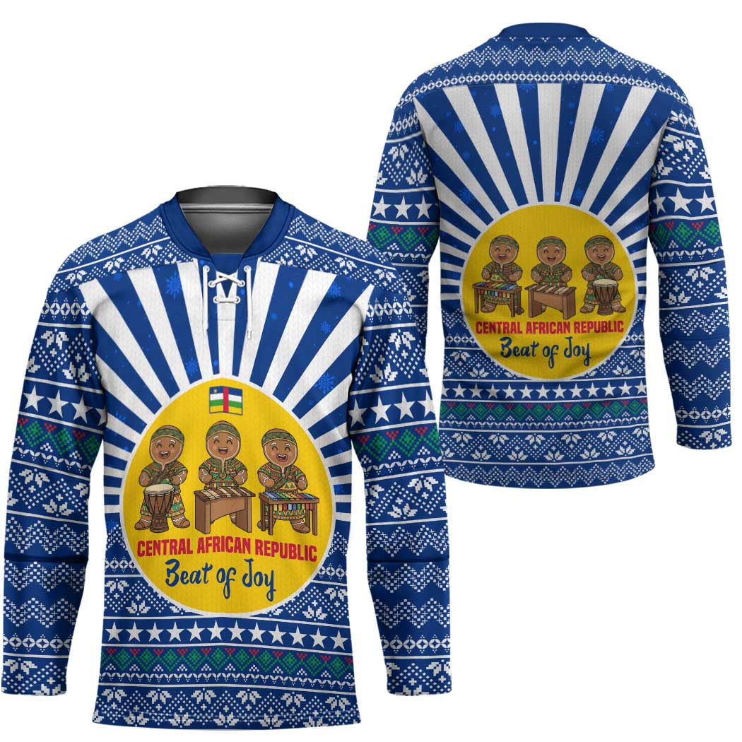 Central African Republic Christmas Hockey Jersey with Drumming Kids Beat of Joy Tribal Pattern and Snowflakes - Wonder Print Shop