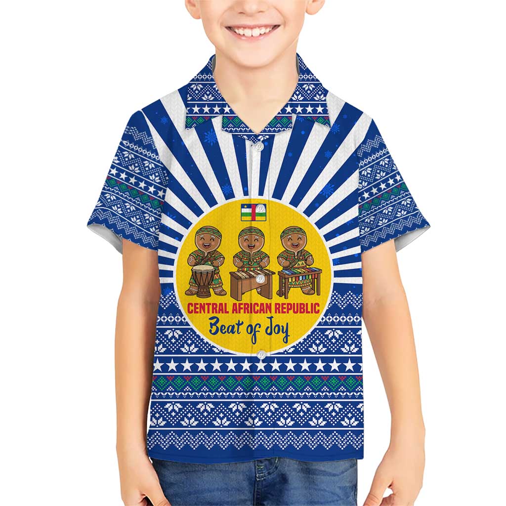 Central African Republic Christmas Kid Hawaiian Shirt with Drumming Kids Beat of Joy Tribal Pattern and Snowflakes - Wonder Print Shop