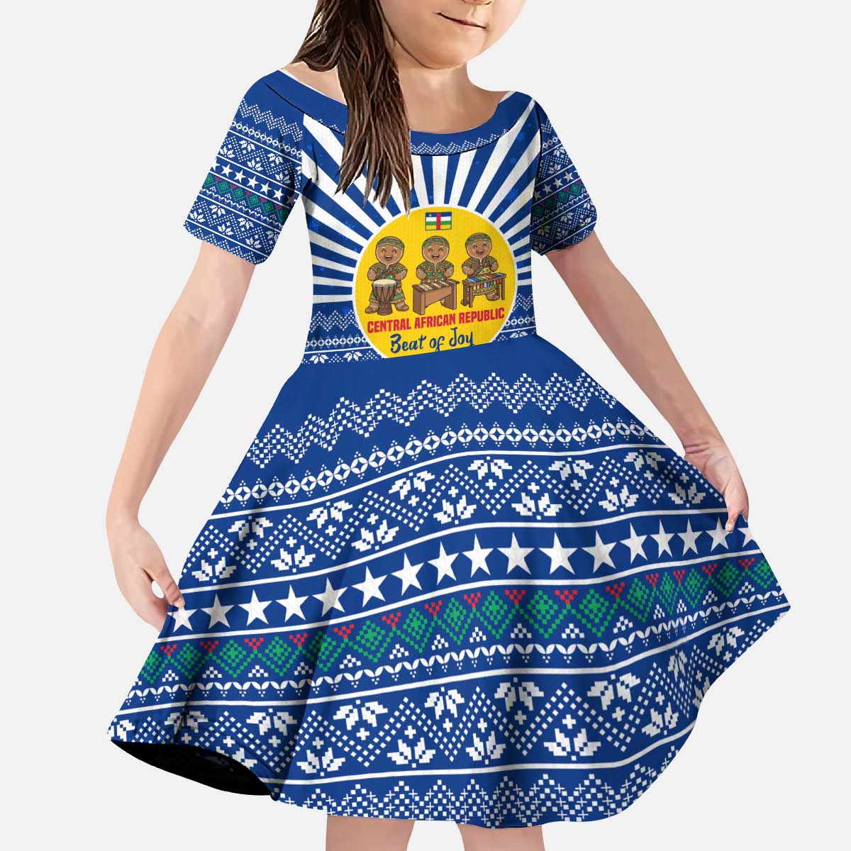 Central African Republic Christmas Kid Short Sleeve Dress with Drumming Kids Beat of Joy Tribal Pattern and Snowflakes - Wonder Print Shop