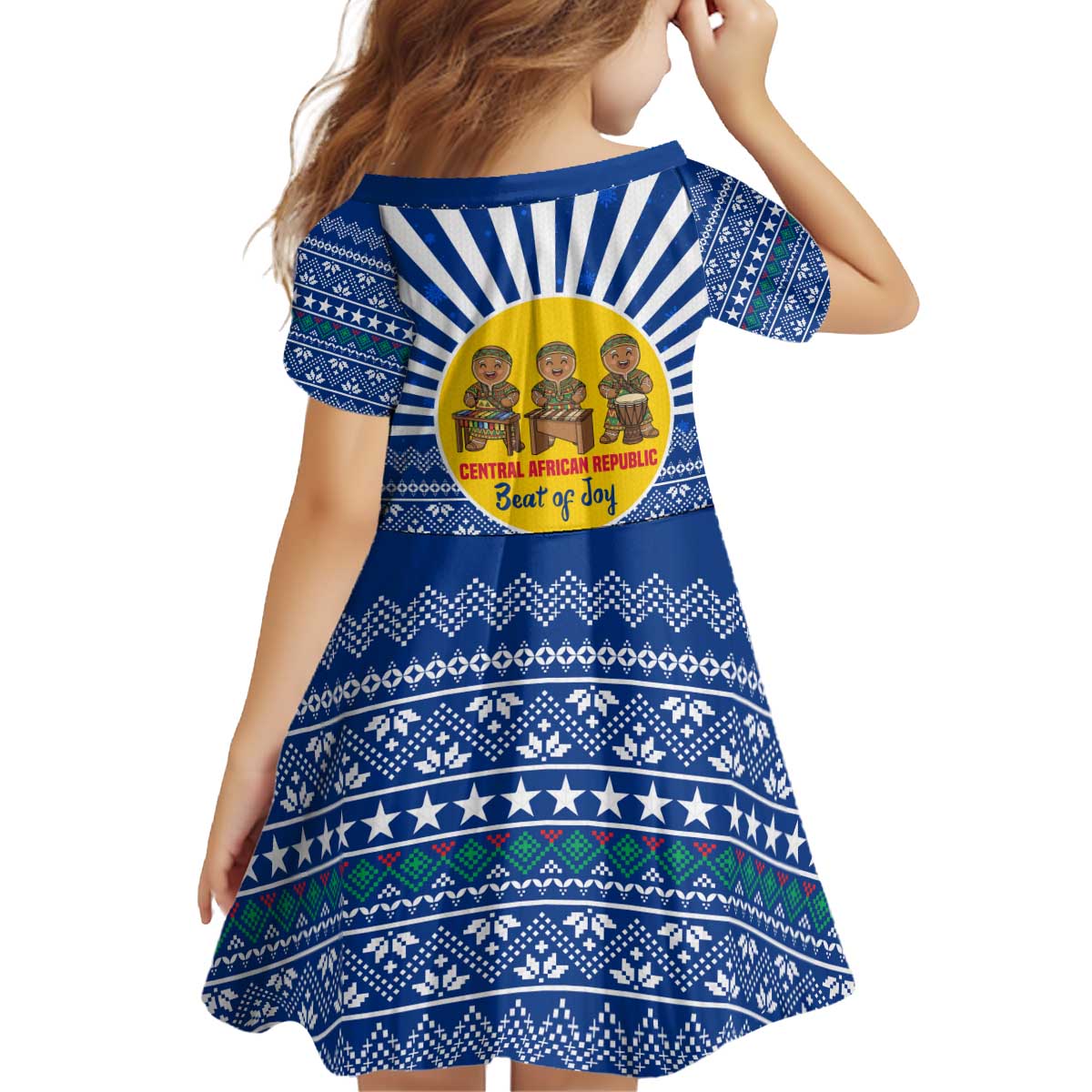 Central African Republic Christmas Kid Short Sleeve Dress with Drumming Kids Beat of Joy Tribal Pattern and Snowflakes - Wonder Print Shop
