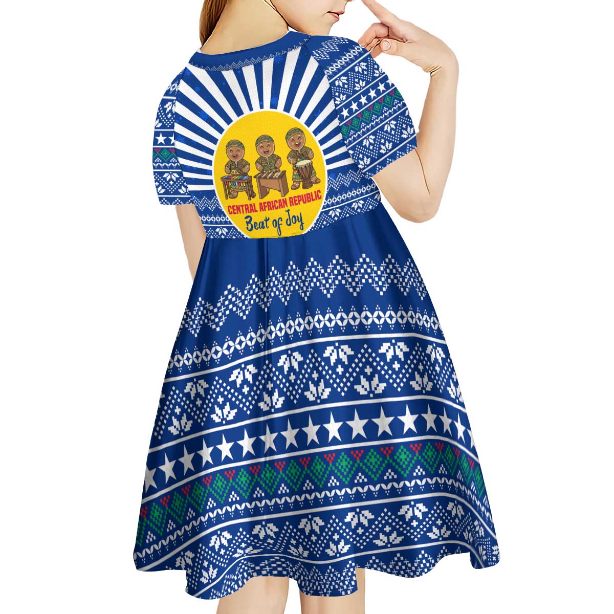 Central African Republic Christmas Kid Short Sleeve Dress with Drumming Kids Beat of Joy Tribal Pattern and Snowflakes - Wonder Print Shop