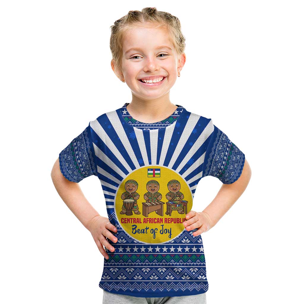 Central African Republic Christmas Kid T Shirt with Drumming Kids Beat of Joy Tribal Pattern and Snowflakes - Wonder Print Shop