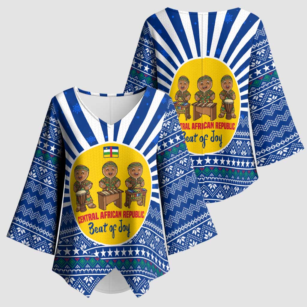 Central African Republic Christmas Kimono Sleeve Blouse with Drumming Kids Beat of Joy Tribal Pattern and Snowflakes - Wonder Print Shop